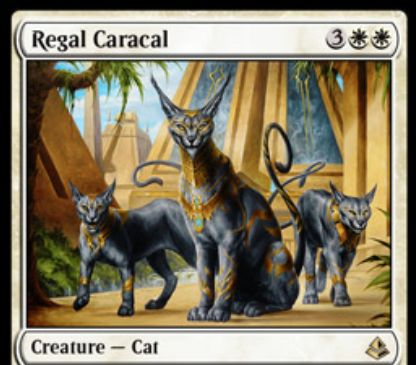 アモンケット収録のレア白猫「Regal Caracal」が公開！5マナ3/3＆CIPで1/1「絆魂」の猫トークン2体を生産＆他の自軍猫全体のP/Tを強化しつつ「絆魂」を付与！