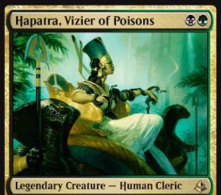 ゴルガリ色の伝説クレリック「Hapatra, Vizier of Poisons」が公開！2マナ2/2＆プレイヤーにダメージを与えるたびクリーチャー1体に-1/-1カウンターを1個置く＆あなたがクリーチャーに-1/-1カウンターを置くたびに1/1「接死」の蛇トークンを生産！