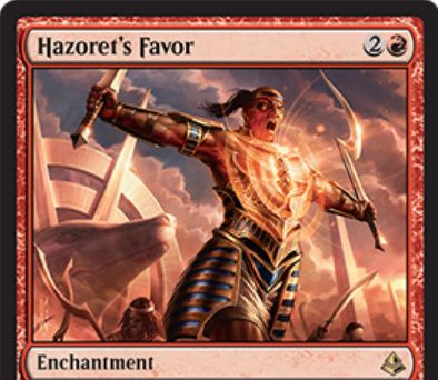 アモンケット収録の赤レアエンチャント Hazoret S Favor が公開 戦闘開始時にクリーチャー1体のパワーを2増強して速攻付与 強化したクリーチャーは次の終了ステップで破壊 日本語名は ハゾレトの指名 Mtg Fan マジック ザ ギャザリングの最新情報を