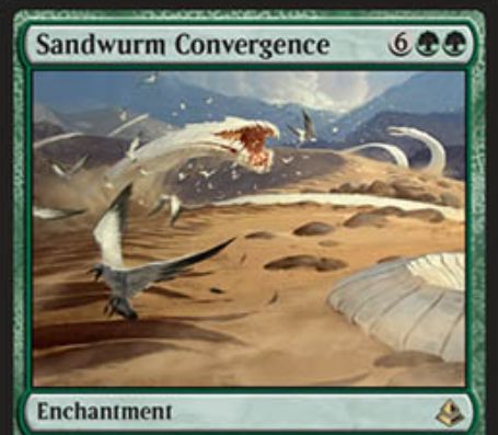 緑レアのエンチャント「Sandwurm Convergence」が公開！飛行クリーチャーはプレイヤーやPWを攻撃不可に！また、自終了ステップには5/5のワームトークンを生成！