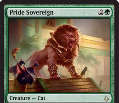 レアの緑猫「Pride Sovereign」が破滅の刻に収録！緑2で2/2のサイズを持ち、自軍の猫の数だけP/Tが強化！白マナ1点を支払ってタップ＆生贄で絆魂持ちの1/1白猫2体に分裂も可能！
