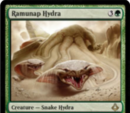 破滅の刻に収録のレアハイドラ「Ramunap Hydra」が公開！4マナ3/3で警戒・到達・トランプルを持ち、砂漠土地が場と墓地にあれば最大サイズ5/5まで成長！