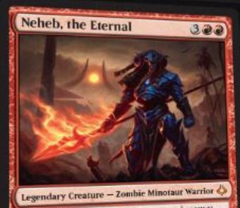 破滅の刻の赤神話「Neheb, the Eternal」が公開！5マナ4/6「加虐3」を持ち、戦闘後メインフェイズには対戦相手が失ったライフだけ赤マナをマナプールに追加する伝説のゾンビ・ミノタウルス・戦士！