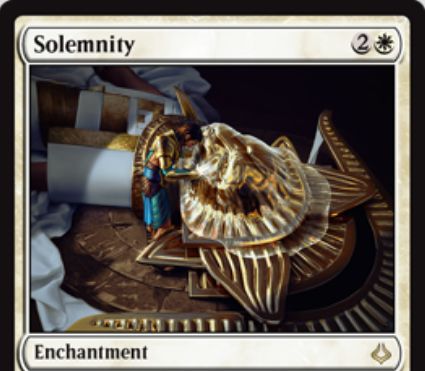 白レアのエンチャント「Solemnity（破滅の刻）」が公開！白2で設置して以降は、プレイヤーやPW以外のパーマネントがカウンターを獲得不能に！