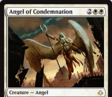 白レアの天使「Angel of Condemnation」が破滅の刻に収録！4マナ3/3「飛行」「警戒」に加え、白2とタップでクリーチャー1体を次終了ステップまで追放！白2とタップと「督励」すれば追放は「このカードが場を離れるまで」に効果延長！