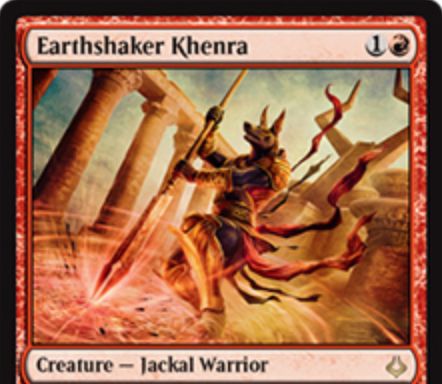 赤レアのケンラ「Earthshaker Khenra（破滅の刻）」が公開！2マナ2/1速攻に加え、CIPでこのカードよりパワーが低いクリーチャー1体をブロック不可に！さらに赤赤4での「永遠」も持つジャッカル戦士！