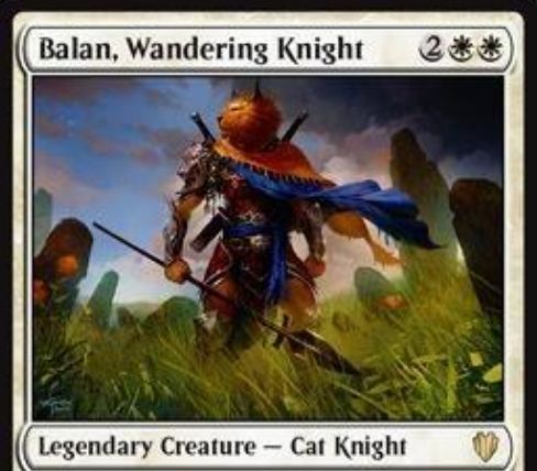 統率者2017に収録される伝説の白猫騎士「Balan, Wandering Knight」が情報公開！4マナ3/3「先制攻撃」に加え、2個以上装備で「二段攻撃」も獲得！白1を支払って全装備品を獲得する能力も！