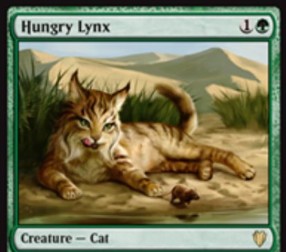 MTG「統率者2017」収録の緑レア猫「Hungry Lynx」が公開！2マナ2/2＆自軍の全猫にプロテクション（ネズミ）を付与＆終了ステップに相手に1/1「接死」のネズミを与えるが、ネズミ死亡時に自軍の全猫に＋1/＋1カウンターを付与！