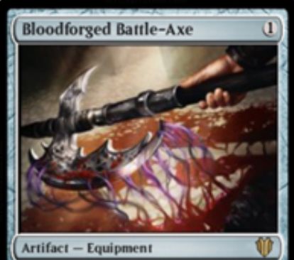 装備クリーチャーがプレイヤーに戦闘ダメージを通すと同じ装備品トークンを生成するアーティファクト「Bloodforged Battle-Axe」が統率者2017に収録！