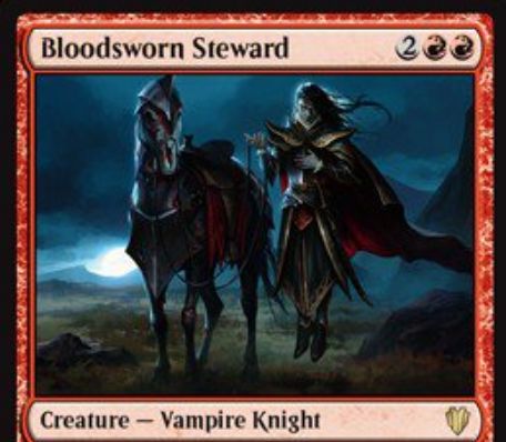 赤の吸血鬼騎士「Bloodsworn Steward（統率者2017）」が公開！4マナ4/4「飛行」に加え、統率者を+2/+2する！