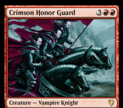 赤の吸血鬼騎士「Crimson Honor Guard（統率者2017）」が公開！5マナ4/5「トランプル」に加え、統率者がいないプレイヤーの終了ステップにその人に対して4点ダメージを飛ばす！