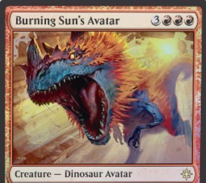 赤レアの恐竜アバター「Burning Sun's Avatar（イクサラン）」が公開！赤赤赤3で6/6のボディを持ち、CIPでクリーチャー1体とプレイヤー1人に3点ずつダメージを飛ばす！