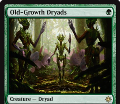 緑レアのドルイド「Old-Growth Dryads（イクサラン）」が公開！1マナ3/3だが、対戦相手にライブラリーから基本土地をサーチしてのタップインを許す！