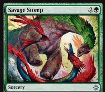 イクサランの緑ソーサリー「Savage Stomp」が公開！緑2でクリーチャー1体を＋1/＋1しつつ格闘！強化対象が恐竜なら不特定コストは2点軽減！