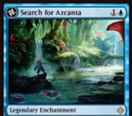 青い伝説のエンチャント「Search for Azcanta」が公開！青1で設置し、毎アップキープにライブラリートップを見て任意で墓地に置ける！また、そのタイミングで墓地に7枚以上のカードがあれば伝説の土地「Azcanta, the Sunken Ruin」に変身！