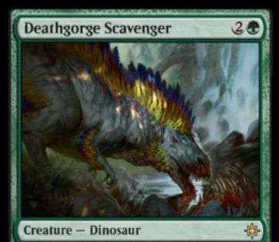 緑レアの恐竜「Deathgorge Scavenger」が公開！3マナ3/2＆CIPや攻撃時に墓地のカードを追放しライフゲインやP/T強化の効果を誘発！