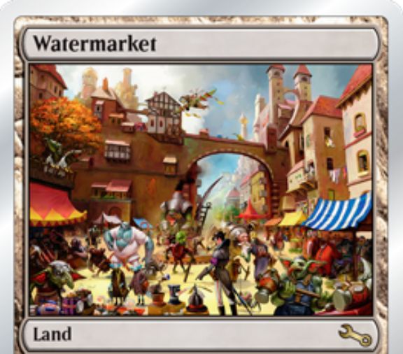Unstableのレア土地「Watermarket」が公開！タップでwatermark（透かし）のあるカードを唱えるために使用できる無色マナ2点を生産する！
