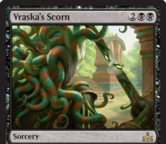 【イクサランの相克】ヴラスカの名を冠する黒のソーサリー「Vraska’s Scorn」が公開！黒黒2で対戦相手のライフを4点失わせつつ、ライブラリーか墓地から「」をサーチ可能！