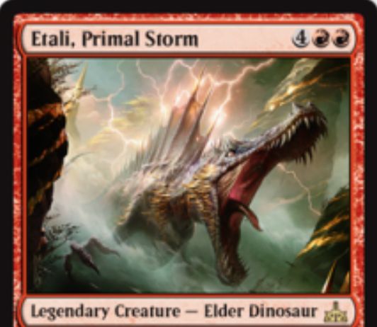 赤レアのエルダー恐竜 Etali Primal Storm イクサランの相克 が公開 赤赤4で6 6 攻撃時に各プレイヤーのライブラリートップを追放し 非土地のカードをマナコスト不要で唱えられる 日本語名は 原初の嵐 エターリ Mtg Fan マジック ザ ギャザリング