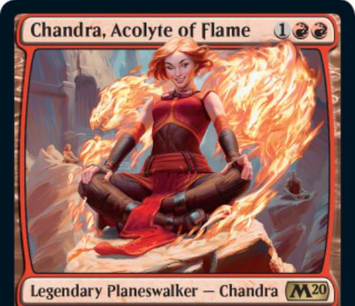 【基本セット2020】レアの新チャンドラ「Chandra, Acolyte of Flame」が公開！赤赤1で初期忠誠値4を持ち、【0】【0】【-2】の3種能力を持つプレインズウォーカー・チャンドラ！