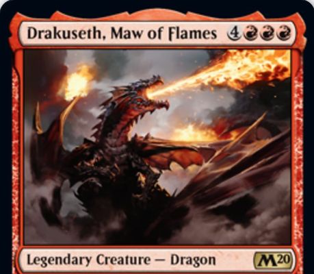 【基本セット2020】赤レアの伝説ドラゴン「Drakuseth, Maw of Flames」が公開！7マナ7/7飛行＆攻撃時に好きな対象3つに4点・3点・3点のダメージを飛ばす！