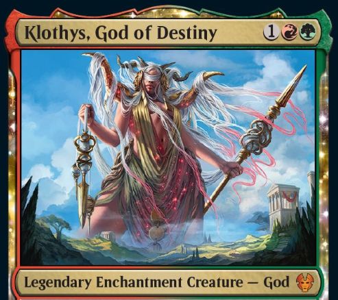 運命の神 クローティス テーロス還魂記 赤緑の伝説エンチャント神 Klothys God Of Destiny が公開 3マナ4 5破壊不能 赤緑信心7以上でクリーチャー化 戦闘前メインフェイズに墓地カード1枚を追放し そのカード種類に応じた効果を発動 Mtg Fan マジック