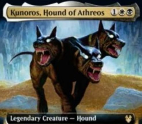 【Kunoros, Hound of Athreos】MTG「テーロス還魂記」収録の白黒伝説猟犬が公開！3マナ3/3警戒・威迫・絆魂＆墓地のクリーチャー・カードは戦場に出られない＆プレイヤーは墓地から呪文を唱えられない！