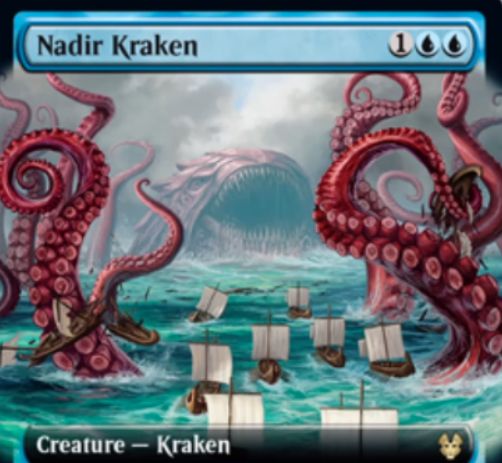 水底のクラーケン Nadir Kraken Mtg テーロス還魂記 収録の青クラーケンが公開 3マナ2 3 あなたがカードを引くたびに1マナを任意で支払い 支払ったなら 1 1カウンターを得つつ青の1 1 Tentacle トークンを生成 Mtg Fan マジック ザ ギャザリングの