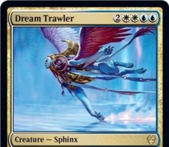 【Dream Trawler】MTG「テーロス還魂記」収録の白青スフィンクスが公開！6マナ3/5飛行・絆魂＆あなたがカードを1枚引くたびにパワー1上昇＆攻撃のたびに1ドロー＆カード1枚を捨てることで呪禁を得つつタップ！
