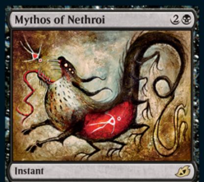 【Mythos of Nethroi】MTG「イコリア：巨獣の棲処」収録の黒インスタントが公開！3マナで対象の非土地パーマネントを、それが生物であるかこの呪文に黒緑マナを支払っていたなら破壊する！