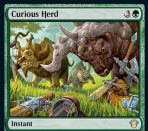 【Curious Herd】MTG「イコリア統率者デッキ」収録の緑インスタントが公開！対象の対戦相手1人がコントロールするアーティファクトの数だけ3/3の緑ビースト・トークンを生成する！