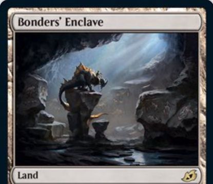 【Bonder's Enclave】MTG「イコリア：巨獣の棲処」収録のレア土地が公開！自軍にパワー4以上生物がいるなら、不特定3マナとタップでカードを1枚引ける！